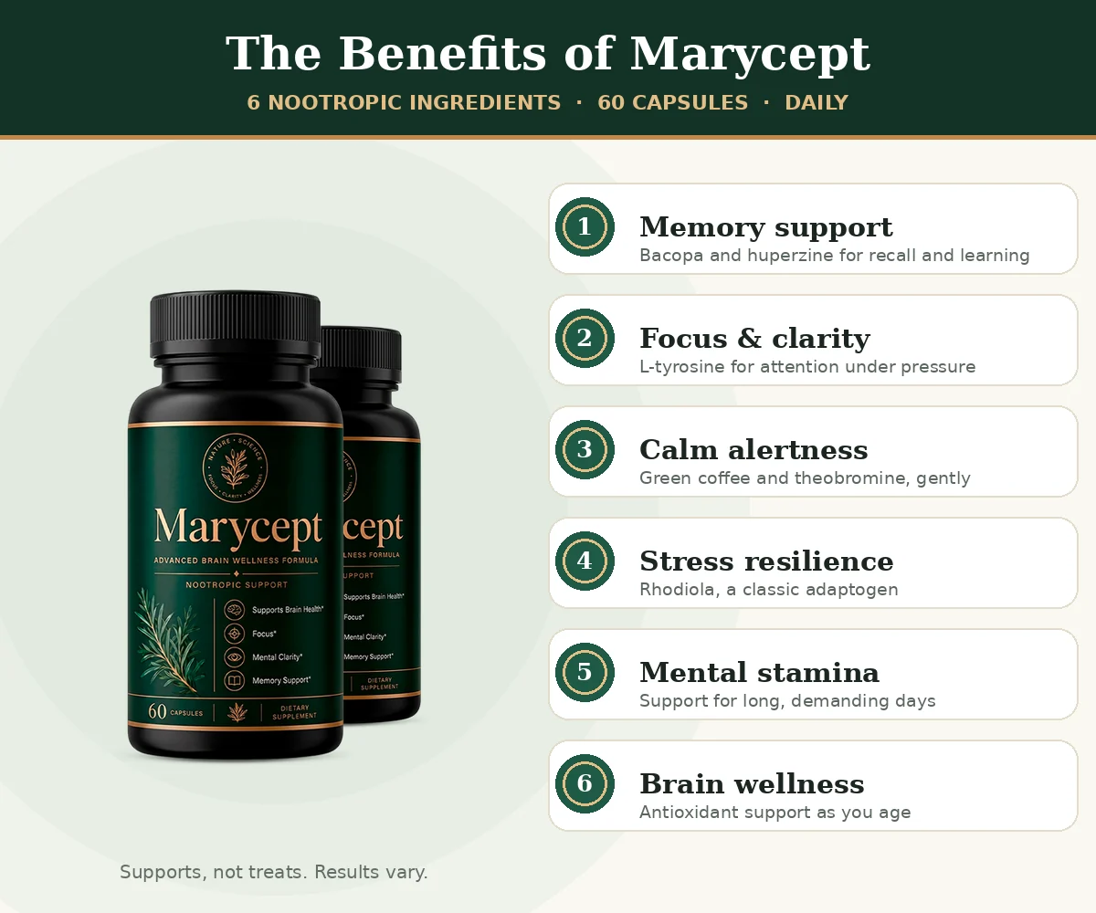 The benefits of Marycept: memory, focus, calm alertness, stress resilience and brain wellness